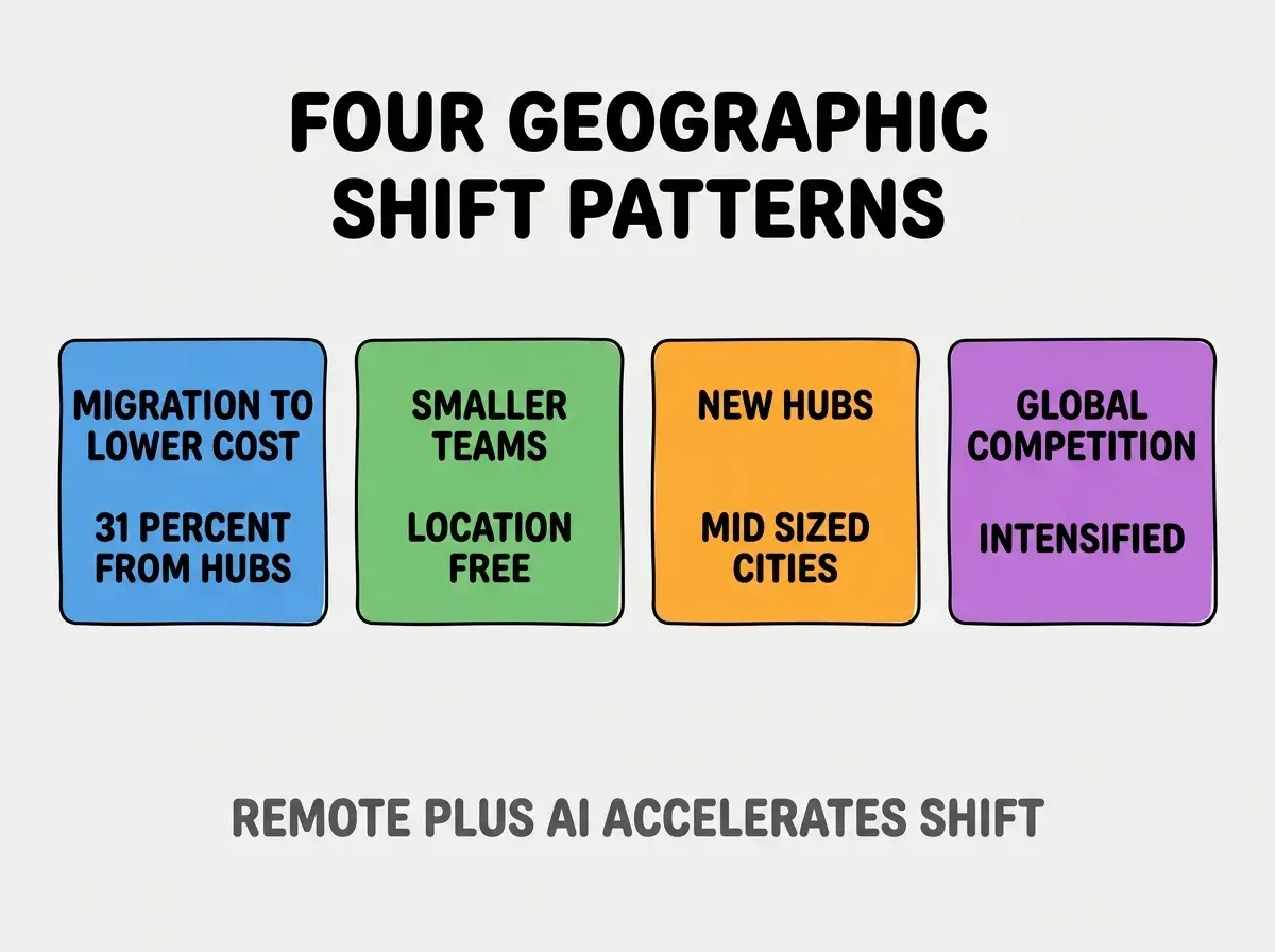 EXPLAINER DIAGRAM titled FOUR GEOGRAPHIC SHIFT PATTERNS shown as a horizontal four-column chart on a slate background. Column 1 colored blue MIGRATION TO LOWER COST label 31 PERCENT NET FROM HUBS. Column 2 colored green SMALLER TEAMS label LOCATION FREE. Column 3 orange NEW HUBS label MID SIZED CITIES. Column 4 purple GLOBAL COMPETITION label INTENSIFIED. Footer reads REMOTE PLUS AI ACCELERATES SHIFT.