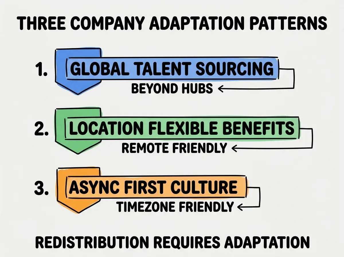 EXPLAINER DIAGRAM titled THREE COMPANY ADAPTATION PATTERNS shown as a vertical numbered list on a slate background. Three rows. Row 1 blue badge GLOBAL TALENT SOURCING sublabel BEYOND HUBS. Row 2 green badge LOCATION FLEXIBLE BENEFITS sublabel REMOTE FRIENDLY. Row 3 orange badge ASYNC FIRST CULTURE sublabel TIMEZONE FRIENDLY. Footer reads REDISTRIBUTION REQUIRES ADAPTATION. CRITICAL: each label appears only ONCE.