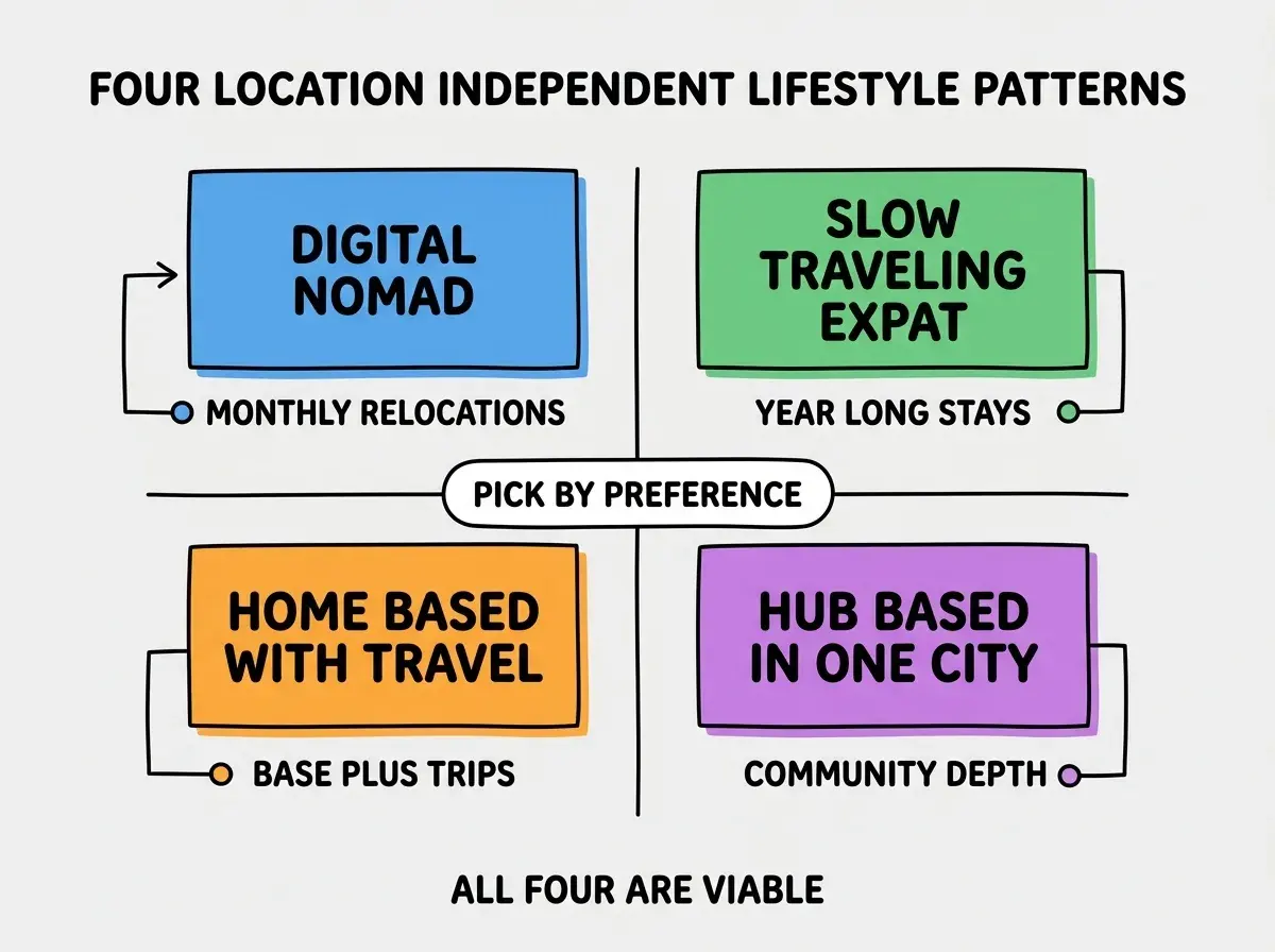 EXPLAINER DIAGRAM titled FOUR LOCATION INDEPENDENT LIFESTYLE PATTERNS shown as a 2x2 grid of quadrants on a slate background. Top left blue DIGITAL NOMAD sublabel MONTHLY RELOCATIONS. Top right green SLOW TRAVELING EXPAT sublabel YEAR LONG STAYS. Bottom left orange HOME BASED WITH TRAVEL sublabel BASE PLUS TRIPS. Bottom right purple HUB BASED IN ONE CITY sublabel COMMUNITY DEPTH. Center label PICK BY PREFERENCE. Footer reads ALL FOUR ARE VIABLE.