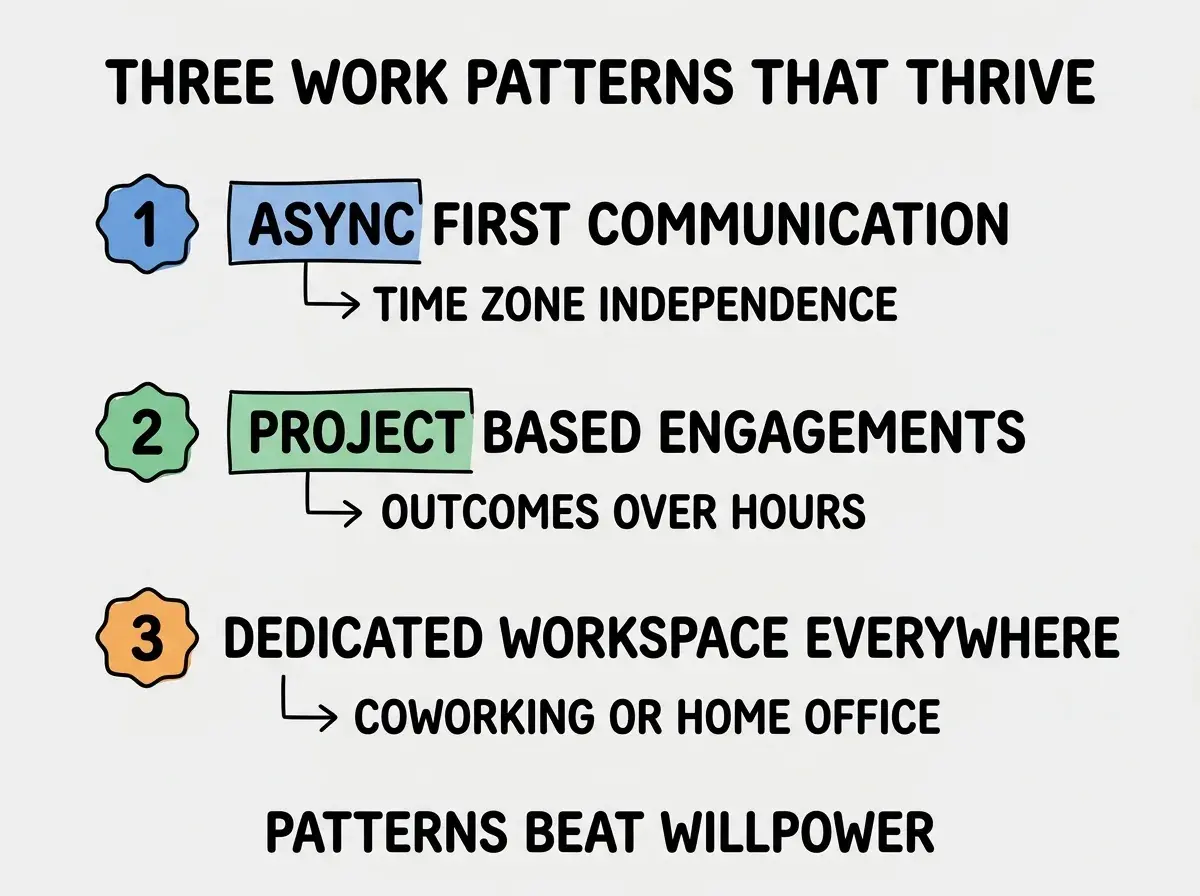 EXPLAINER DIAGRAM titled THREE WORK PATTERNS THAT THRIVE shown as a vertical numbered list on a slate background. Three rows. Row 1 blue badge ASYNC FIRST COMMUNICATION sublabel TIME ZONE INDEPENDENCE. Row 2 green badge PROJECT BASED ENGAGEMENTS sublabel OUTCOMES OVER HOURS. Row 3 orange badge DEDICATED WORKSPACE EVERYWHERE sublabel COWORKING OR HOME OFFICE. Footer reads PATTERNS BEAT WILLPOWER.