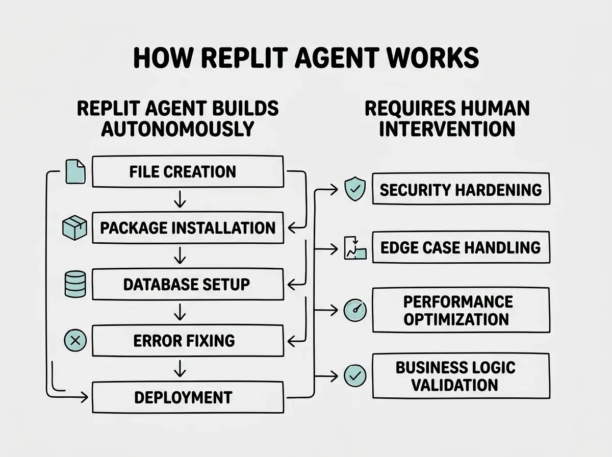 Explainer diagram showing what Replit Agent builds autonomously versus what requires human intervention, with a left column listing autonomous capabilities like file creation, package installation, database setup, error fixing, and deployment, and a right column listing human-required tasks like security hardening, edge case handling, performance optimization, and business logic validation
