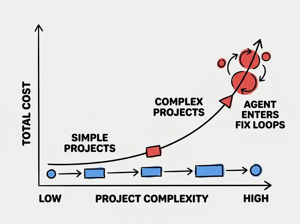 Explainer diagram comparing cost trajectories for simple versus complex Replit Agent projects, with a horizontal axis showing project complexity from low to high and a vertical axis showing total cost, where simple projects show a flat low-cost line and complex projects show an exponentially rising curve with a danger zone labeled where Agent enters fix loops