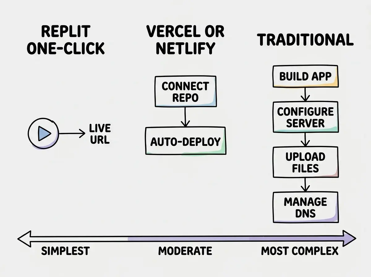Explainer diagram comparing three deployment approaches: on the left Replit's one-click deploy showing a single button going directly to a live URL, in the center a traditional deployment showing five steps from code to Git push to CI build to cloud provider to live URL, and on the right other AI builders showing two steps from code to one-click deploy but with a note about limited hosting options