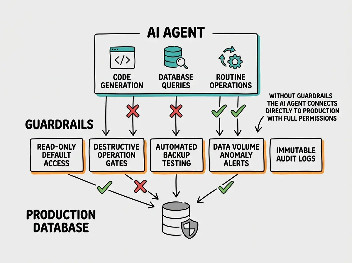 EXPLAINER DIAGRAM: A layered security architecture diagram with three horizontal layers. Top layer labeled AI AGENT in teal contains icons for code generation, database queries, and routine operations. Middle layer labeled GUARDRAILS in orange shows five boxes in a row: READ-ONLY DEFAULT ACCESS, DESTRUCTIVE OPERATION GATES, AUTOMATED BACKUP TESTING, DATA VOLUME ANOMALY ALERTS, and IMMUTABLE AUDIT LOGS. Bottom layer labeled PRODUCTION DATABASE in gray shows a database icon with a shield. Arrows from the AI AGENT layer pass through the GUARDRAILS layer before reaching the database. Red X marks on arrows show destructive operations being blocked at the guardrail layer. Green checkmarks on arrows show read operations passing through. A side note reads WITHOUT GUARDRAILS THE AI AGENT CONNECTS DIRECTLY TO PRODUCTION WITH FULL PERMISSIONS.