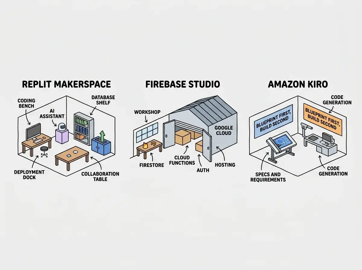 EXPLAINER DIAGRAM: Three workshop illustrations arranged horizontally. Left workshop labeled REPLIT MAKERSPACE shows a single room with labeled stations: CODING BENCH, AI ASSISTANT on a pedestal, DATABASE SHELF, DEPLOYMENT DOCK, and COLLABORATION TABLE, all within one enclosed space. Middle workshop labeled FIREBASE STUDIO shows a workshop connected by doors to a large warehouse labeled GOOGLE CLOUD, with sections for FIRESTORE, CLOUD FUNCTIONS, AUTH, and HOSTING visible through the open doors. Right workshop labeled AMAZON KIRO shows an architect's drafting table in the foreground labeled SPECS AND REQUIREMENTS, with a workshop area behind it labeled CODE GENERATION. A sign reads BLUEPRINT FIRST, BUILD SECOND.