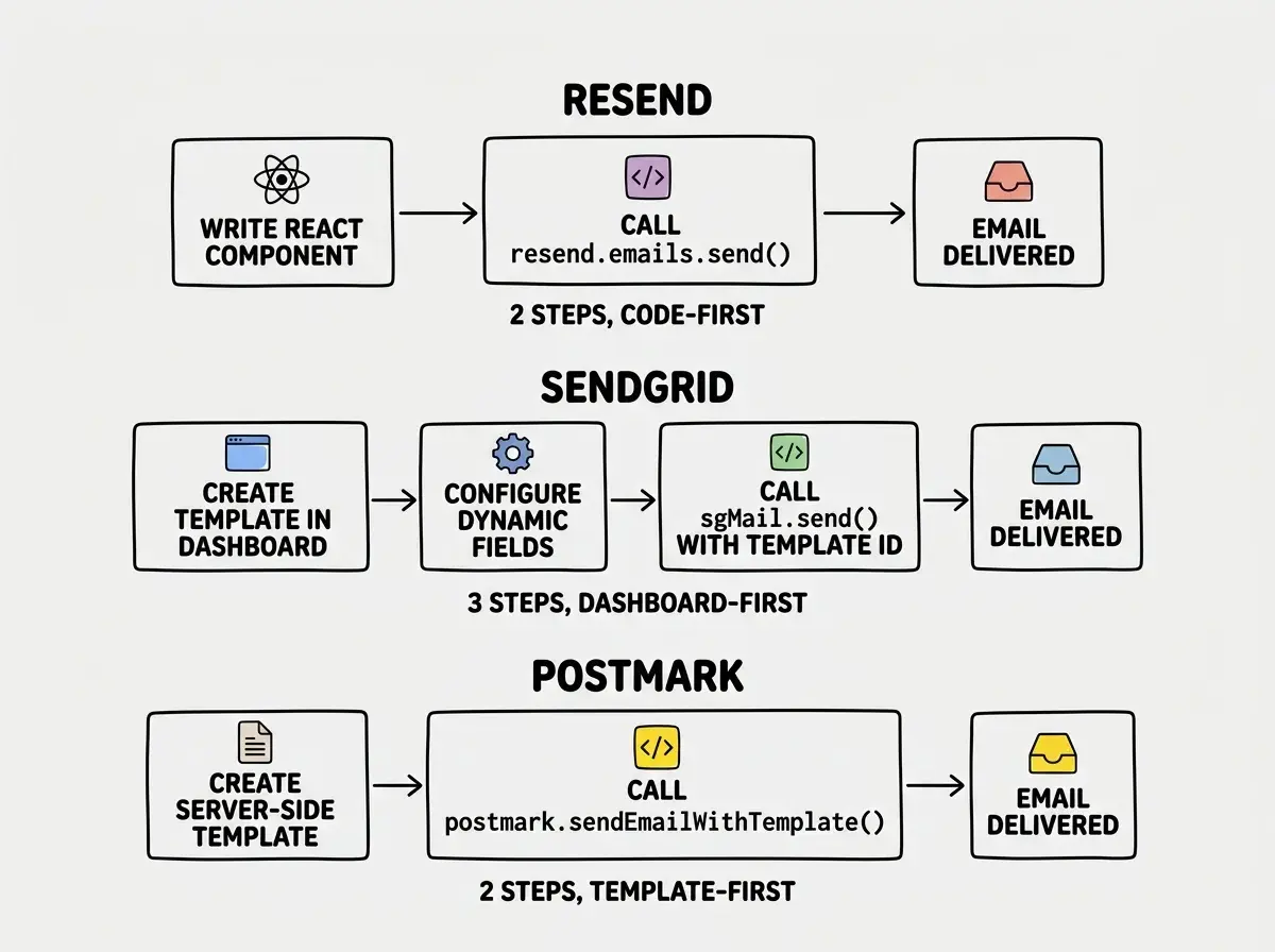 EXPLAINER DIAGRAM: A three-row comparison on white background showing the email sending workflow for each service. Row 1 labeled RESEND shows three connected boxes with arrows: WRITE REACT COMPONENT on the left with a React logo, then CALL resend.emails.send() in the middle with a code bracket icon, then EMAIL DELIVERED on the right with an inbox icon. A note below reads 2 STEPS, CODE-FIRST. Row 2 labeled SENDGRID shows four connected boxes: CREATE TEMPLATE IN DASHBOARD on the left with a browser icon, then CONFIGURE DYNAMIC FIELDS with a gear icon, then CALL sgMail.send() WITH TEMPLATE ID with a code bracket icon, then EMAIL DELIVERED with an inbox icon. A note below reads 3 STEPS, DASHBOARD-FIRST. Row 3 labeled POSTMARK shows three connected boxes: CREATE SERVER-SIDE TEMPLATE on the left with a document icon, then CALL postmark.sendEmailWithTemplate() in the middle with a code bracket icon, then EMAIL DELIVERED on the right with an inbox icon. A note below reads 2 STEPS, TEMPLATE-FIRST.
