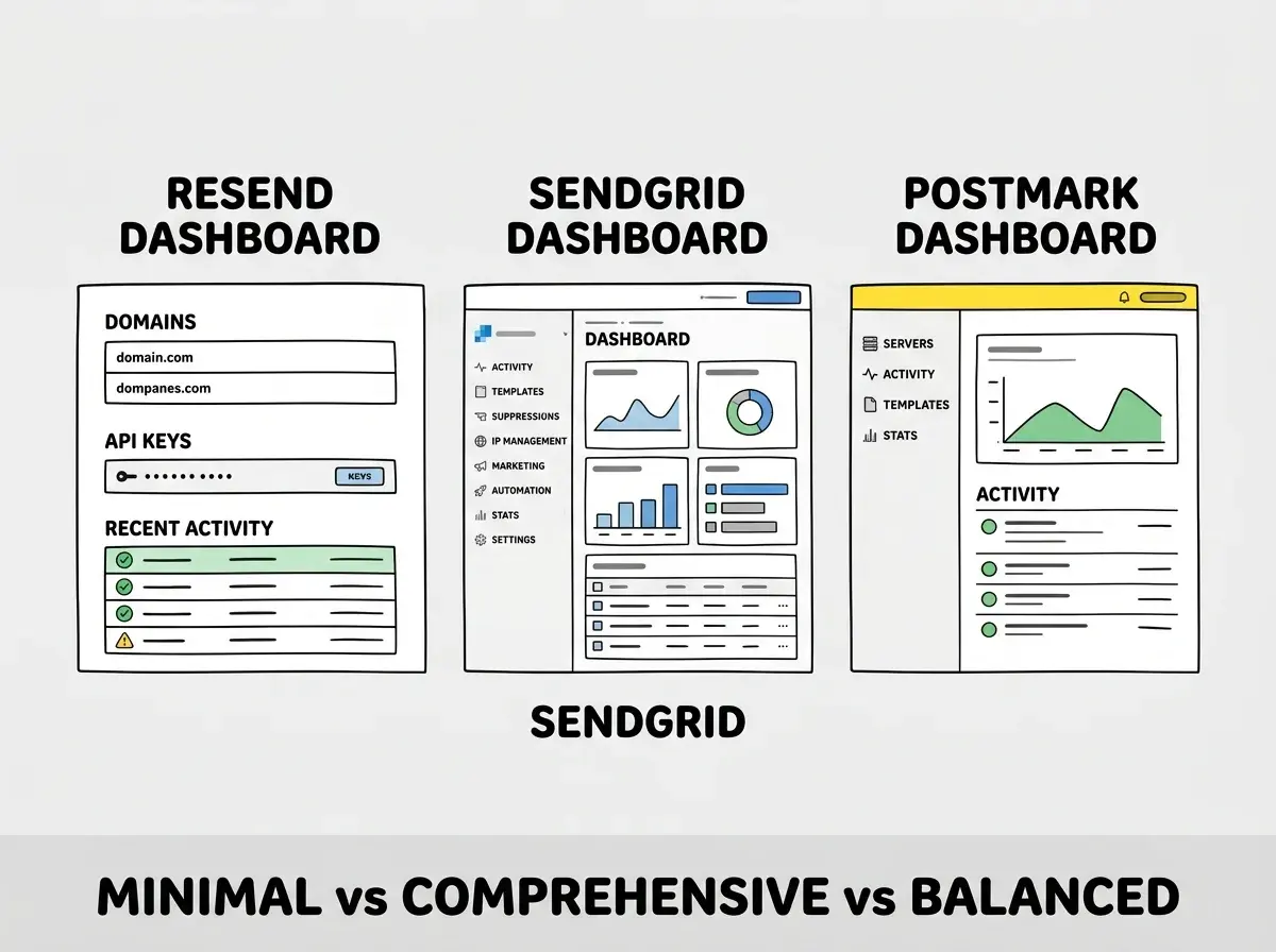 EXPLAINER DIAGRAM: A horizontal comparison on white background showing three simplified dashboard wireframes side by side. Left wireframe labeled RESEND DASHBOARD shows a minimal layout with three sections stacked vertically: DOMAINS at top (with two domain entries), API KEYS in the middle (with one key entry), and RECENT ACTIVITY at bottom (with four status rows showing green checkmarks and one yellow warning). The wireframe has clean lines and lots of white space. Middle wireframe labeled SENDGRID DASHBOARD shows a dense layout with a left sidebar containing eight navigation items (Activity, Templates, Suppressions, IP Management, Marketing, Automation, Stats, Settings), and a main content area filled with multiple panels, charts, and tables. The wireframe looks busy with many elements. Right wireframe labeled POSTMARK DASHBOARD shows a balanced layout with a left sidebar containing four items (Servers, Activity, Templates, Stats), and a main content area with one chart and a clean activity list below it. A caption bar at bottom reads MINIMAL vs COMPREHENSIVE vs BALANCED.