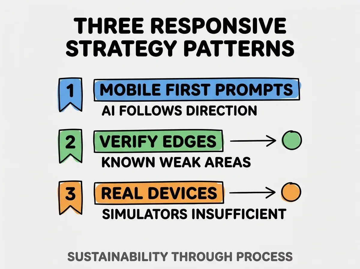 Clean modern flat infographic on light gray background. Top title bold black: THREE RESPONSIVE STRATEGY PATTERNS. Single vertical numbered list with three rows. Row 1 blue badge MOBILE FIRST PROMPTS with subtitle AI FOLLOWS DIRECTION. Row 2 green badge VERIFY EDGES with subtitle KNOWN WEAK AREAS. Row 3 orange badge REAL DEVICES with subtitle SIMULATORS INSUFFICIENT. Footer text dark gray: SUSTAINABILITY THROUGH PROCESS. Each label appears exactly once. No duplicated text.
