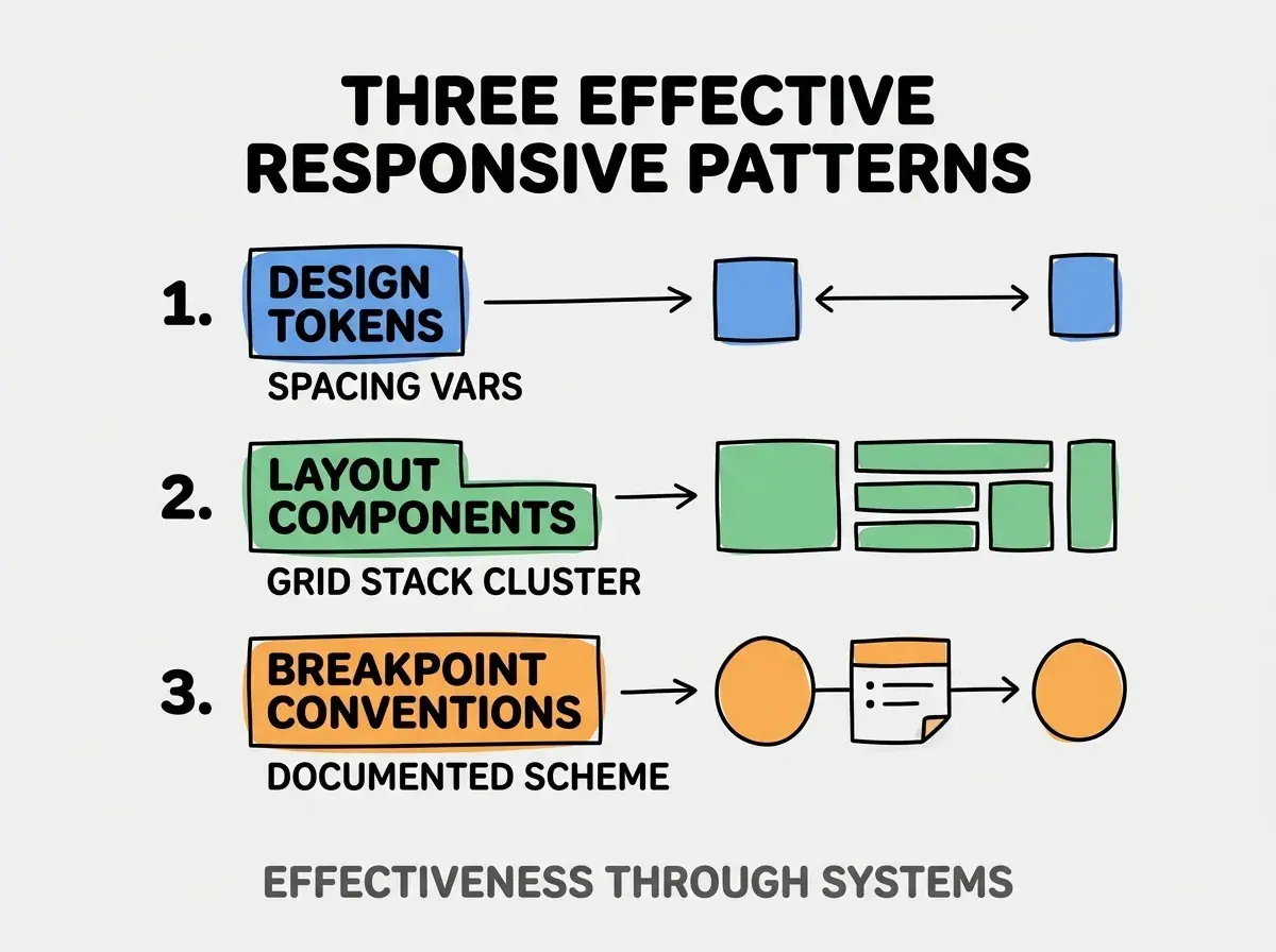 Clean modern flat infographic on light gray background. Top title bold black: THREE EFFECTIVE RESPONSIVE PATTERNS. Single vertical numbered list with three rows. Row 1 blue badge DESIGN TOKENS with subtitle SPACING VARS. Row 2 green badge LAYOUT COMPONENTS with subtitle GRID STACK CLUSTER. Row 3 orange badge BREAKPOINT CONVENTIONS with subtitle DOCUMENTED SCHEME. Footer text dark gray: EFFECTIVENESS THROUGH SYSTEMS. Each label appears exactly once. No duplicated text.