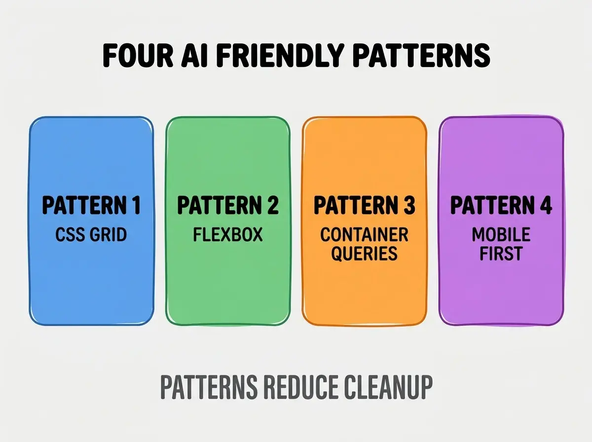 Clean modern flat infographic on light gray background. Top center bold black title text: FOUR AI FRIENDLY PATTERNS. Below title, four equal sized colored rounded rectangle cards arranged horizontally. Card 1 blue: large bold text PATTERN 1 then smaller text CSS GRID. Card 2 green: large bold text PATTERN 2 then smaller text FLEXBOX. Card 3 orange: large bold text PATTERN 3 then smaller text CONTAINER QUERIES. Card 4 purple: large bold text PATTERN 4 then smaller text MOBILE FIRST. Single footer line below cards in dark gray text: PATTERNS REDUCE CLEANUP. Nothing else on canvas. No text outside cards or below cards.