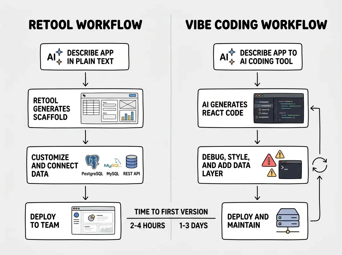 EXPLAINER DIAGRAM: A two-panel comparison on white background. Left panel labeled RETOOL WORKFLOW shows a vertical flow: DESCRIBE APP IN PLAIN TEXT (with AI sparkle icon) flowing down to RETOOL GENERATES SCAFFOLD (showing a wireframe with table, form, and chart components), flowing down to CUSTOMIZE AND CONNECT DATA (showing database icons for PostgreSQL, MySQL, and REST API), flowing down to DEPLOY TO TEAM (showing a browser window with a simple dashboard). Right panel labeled VIBE CODING WORKFLOW shows a parallel vertical flow: DESCRIBE APP TO AI CODING TOOL (with AI sparkle icon) flowing down to AI GENERATES REACT CODE (showing a code editor with component files), flowing down to DEBUG, STYLE, AND ADD DATA LAYER (showing warning icons and a terminal), flowing down to DEPLOY AND MAINTAIN (showing a server icon with a recurring maintenance arrow looping back to the code editor). A horizontal divider between panels reads TIME TO FIRST VERSION with LEFT showing 2-4 HOURS and RIGHT showing 1-3 DAYS.