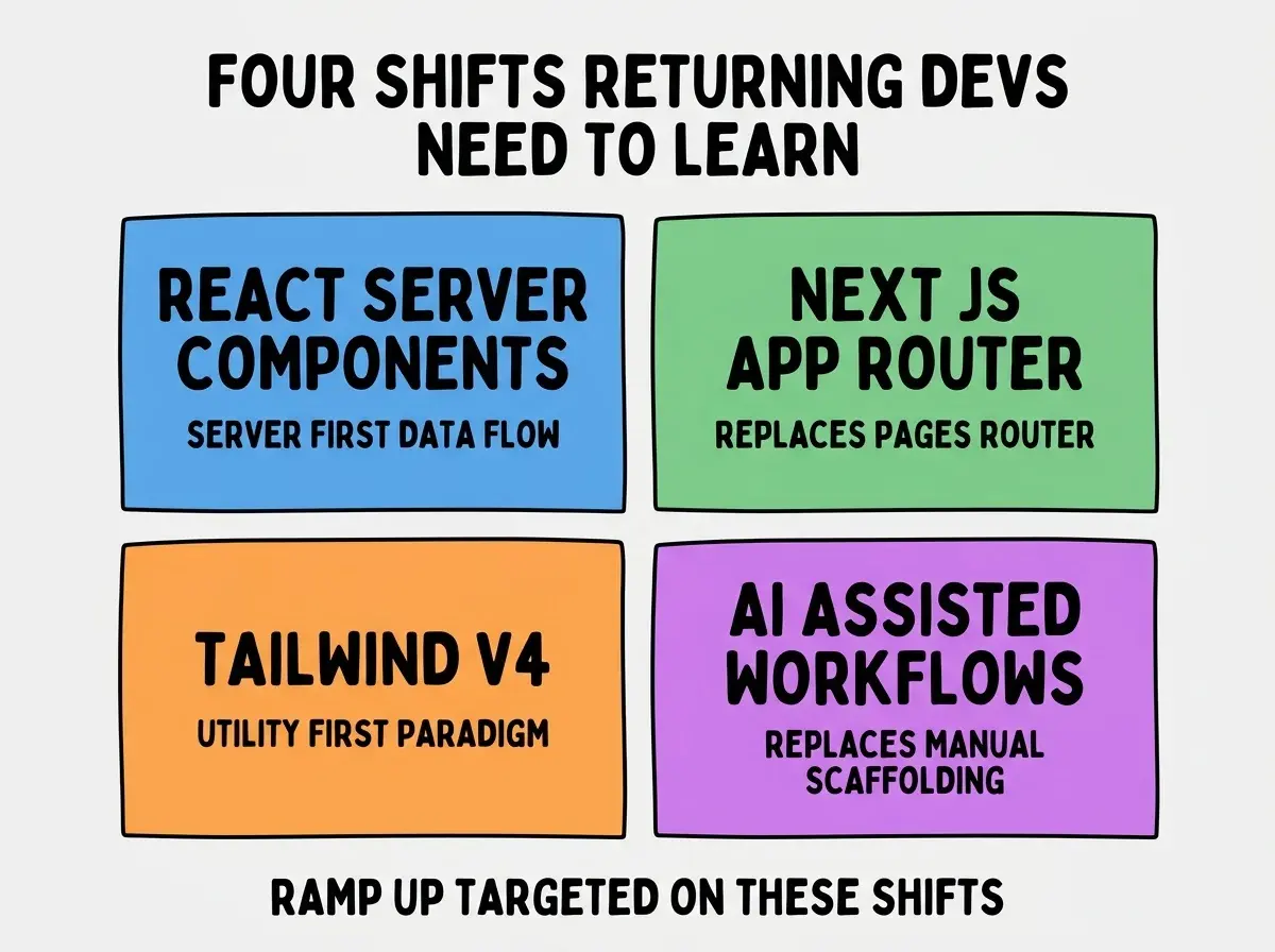 EXPLAINER DIAGRAM titled FOUR SHIFTS RETURNING DEVS NEED TO LEARN shown as a 2x2 grid of quadrants on a slate background. Top left blue REACT SERVER COMPONENTS sublabel SERVER FIRST DATA FLOW. Top right green NEXT JS APP ROUTER sublabel REPLACES PAGES ROUTER. Bottom left orange TAILWIND V4 sublabel UTILITY FIRST PARADIGM. Bottom right purple AI ASSISTED WORKFLOWS sublabel REPLACES MANUAL SCAFFOLDING. Center label reads ALL FOUR ARE NEW SINCE 2022. Footer reads RAMP UP TARGETED ON THESE SHIFTS.