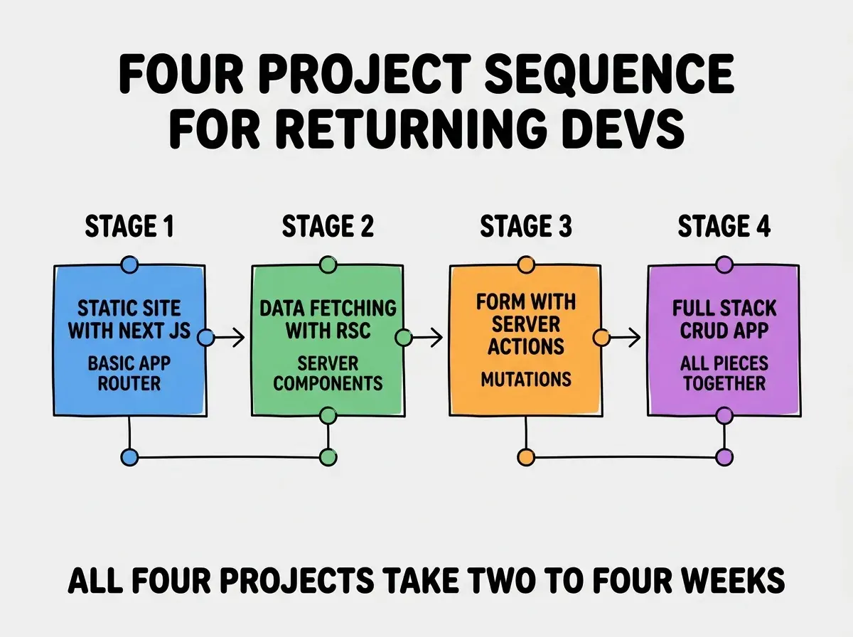 EXPLAINER DIAGRAM titled FOUR PROJECT SEQUENCE FOR RETURNING DEVS shown as a horizontal four-stage pipeline on a slate background. Stage 1 colored blue STATIC SITE WITH NEXT JS sublabel BASIC APP ROUTER. Stage 2 colored green DATA FETCHING WITH RSC sublabel SERVER COMPONENTS. Stage 3 colored orange FORM WITH SERVER ACTIONS sublabel MUTATIONS. Stage 4 colored purple FULL STACK CRUD APP sublabel ALL PIECES TOGETHER. Footer reads ALL FOUR PROJECTS TAKE TWO TO FOUR WEEKS.