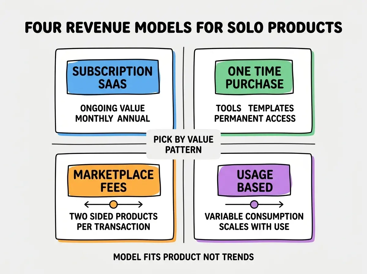 EXPLAINER DIAGRAM titled FOUR REVENUE MODELS FOR SOLO PRODUCTS shown as a 2x2 grid of quadrants on a slate background. Top left blue SUBSCRIPTION SAAS sublabel ONGOING VALUE MONTHLY ANNUAL. Top right green ONE TIME PURCHASE sublabel TOOLS TEMPLATES PERMANENT ACCESS. Bottom left orange MARKETPLACE FEES sublabel TWO SIDED PRODUCTS PER TRANSACTION. Bottom right purple USAGE BASED sublabel VARIABLE CONSUMPTION SCALES WITH USE. Center label PICK BY VALUE PATTERN. Footer reads MODEL FITS PRODUCT NOT TRENDS.