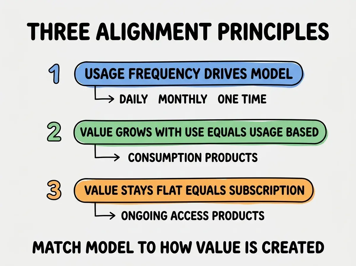 EXPLAINER DIAGRAM titled THREE ALIGNMENT PRINCIPLES shown as a vertical numbered list on a slate background. Three rows. Row 1 blue badge USAGE FREQUENCY DRIVES MODEL sublabel DAILY MONTHLY ONE TIME. Row 2 green badge VALUE GROWS WITH USE EQUALS USAGE BASED sublabel CONSUMPTION PRODUCTS. Row 3 orange badge VALUE STAYS FLAT EQUALS SUBSCRIPTION sublabel ONGOING ACCESS PRODUCTS. Footer reads MATCH MODEL TO HOW VALUE IS CREATED.