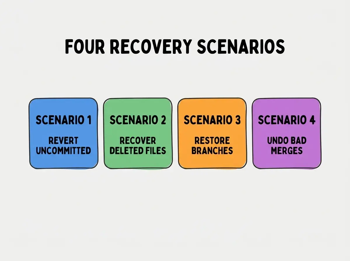 Clean modern flat infographic on light gray background. Top center bold black title text: FOUR RECOVERY SCENARIOS. Below title, four equal sized colored rounded rectangle cards arranged horizontally. Card 1 blue: large bold text SCENARIO 1 then smaller text REVERT UNCOMMITTED. Card 2 green: large bold text SCENARIO 2 then smaller text RECOVER DELETED FILES. Card 3 orange: large bold text SCENARIO 3 then smaller text RESTORE BRANCHES. Card 4 purple: large bold text SCENARIO 4 then smaller text UNDO BAD MERGES. Single footer line below cards in dark gray text: RECOVERY BEFORE DISASTER. Nothing else on canvas. No text outside cards or below cards.