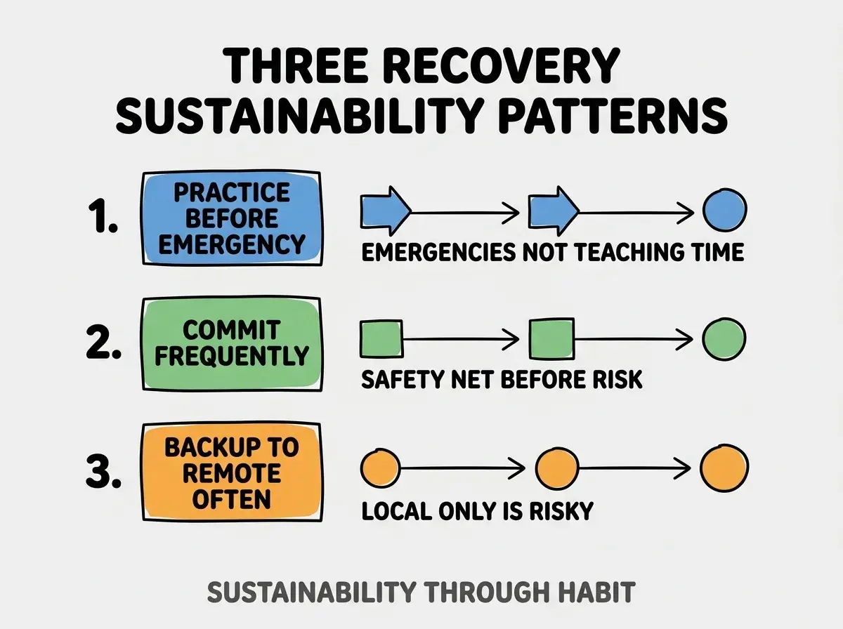 Clean modern flat infographic on light gray background. Top title bold black: THREE RECOVERY SUSTAINABILITY PATTERNS. Single vertical numbered list with three rows. Row 1 blue badge PRACTICE BEFORE EMERGENCY with subtitle EMERGENCIES NOT TEACHING TIME. Row 2 green badge COMMIT FREQUENTLY with subtitle SAFETY NET BEFORE RISK. Row 3 orange badge BACKUP TO REMOTE OFTEN with subtitle LOCAL ONLY IS RISKY. Footer text dark gray: SUSTAINABILITY THROUGH HABIT. Each label appears exactly once. No duplicated text.