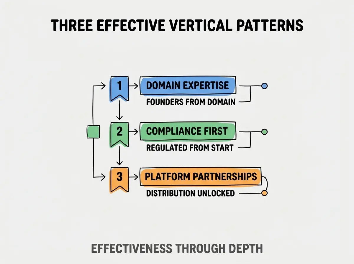 Clean modern flat infographic on light gray background. Top title bold black: THREE EFFECTIVE VERTICAL PATTERNS. Single vertical numbered list with three rows. Row 1 blue badge DOMAIN EXPERTISE with subtitle FOUNDERS FROM DOMAIN. Row 2 green badge COMPLIANCE FIRST with subtitle REGULATED FROM START. Row 3 orange badge PLATFORM PARTNERSHIPS with subtitle DISTRIBUTION UNLOCKED. Footer text dark gray: EFFECTIVENESS THROUGH DEPTH. Each label appears exactly once. No duplicated text.