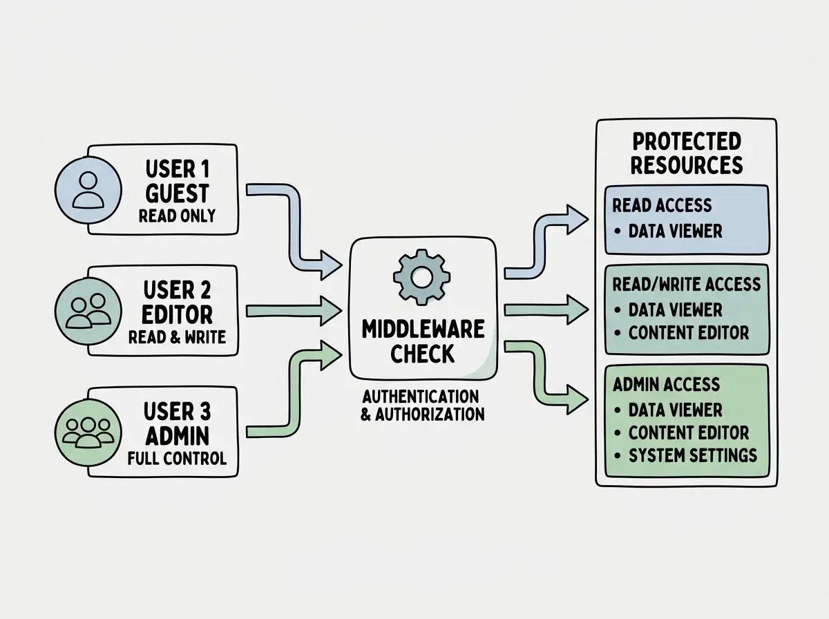 Diagram showing three user roles with different permission levels flowing through a middleware check before reaching protected resources