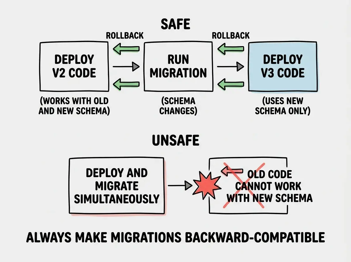 EXPLAINER DIAGRAM: A two-row comparison showing SAFE migration vs UNSAFE migration. Top row labeled SAFE shows three sequential boxes: Deploy v2 code (works with old AND new schema), then Run migration (schema changes), then Deploy v3 code (uses new schema only), with green rollback arrows showing you can safely revert at any step. Bottom row labeled UNSAFE shows two sequential boxes: Deploy AND migrate simultaneously, then a red explosion icon indicating failure, with a red X through the rollback arrow and text reading old code cannot work with new schema. A bold caption reads: always make migrations backward-compatible.