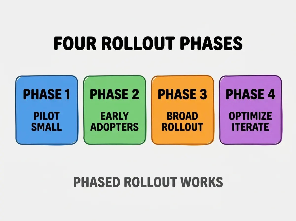 Clean modern flat infographic on light gray background. Top center bold black title text: FOUR ROLLOUT PHASES. Below title, four equal sized colored rounded rectangle cards arranged horizontally. Card 1 blue: large bold text PHASE 1 then smaller text PILOT SMALL. Card 2 green: large bold text PHASE 2 then smaller text EARLY ADOPTERS. Card 3 orange: large bold text PHASE 3 then smaller text BROAD ROLLOUT. Card 4 purple: large bold text PHASE 4 then smaller text OPTIMIZE ITERATE. Single footer line below cards in dark gray text: PHASED ROLLOUT WORKS. Nothing else on canvas. No text outside cards or below cards.