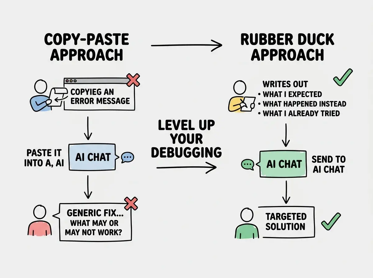 EXPLAINER DIAGRAM: A comparison showing TWO APPROACHES side by side. LEFT SIDE labeled COPY-PASTE APPROACH shows a person copying an error message, pasting it into an AI chat, and receiving a generic fix that may or may not work, with a red X. RIGHT SIDE labeled RUBBER DUCK APPROACH shows a person writing out what they expected, what happened instead, and what they already tried, then sending that to an AI chat and receiving a targeted solution, with a green checkmark. An arrow between the two sides points from left to right with the label LEVEL UP YOUR DEBUGGING.