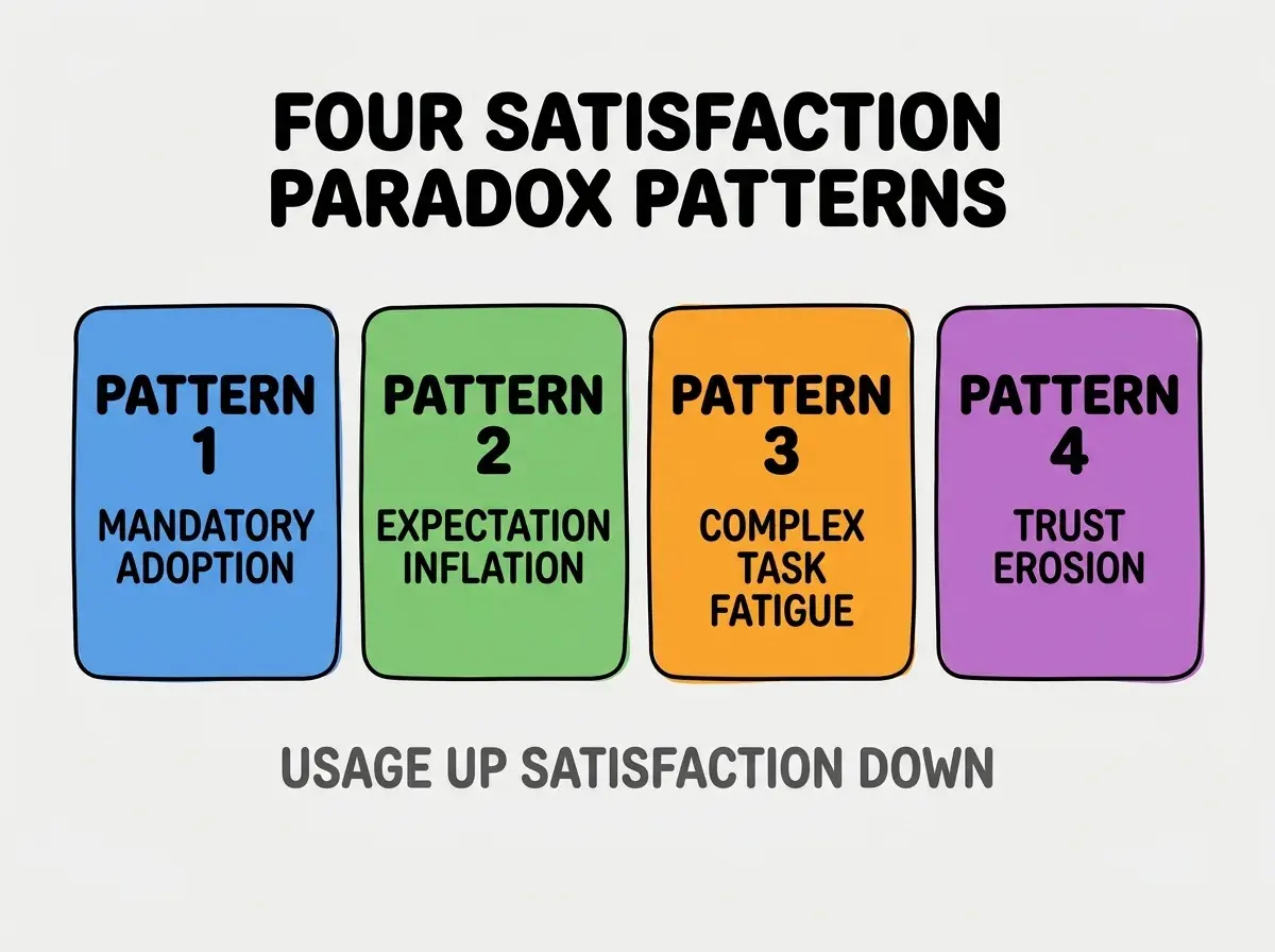 Clean modern flat infographic on light gray background. Top center bold black title text: FOUR SATISFACTION PARADOX PATTERNS. Below title, four equal sized colored rounded rectangle cards arranged horizontally. Card 1 blue: large bold text PATTERN 1 then smaller text MANDATORY ADOPTION. Card 2 green: large bold text PATTERN 2 then smaller text EXPECTATION INFLATION. Card 3 orange: large bold text PATTERN 3 then smaller text COMPLEX TASK FATIGUE. Card 4 purple: large bold text PATTERN 4 then smaller text TRUST EROSION. Single footer line below cards in dark gray text: USAGE UP SATISFACTION DOWN. Nothing else on canvas. No text outside cards or below cards.