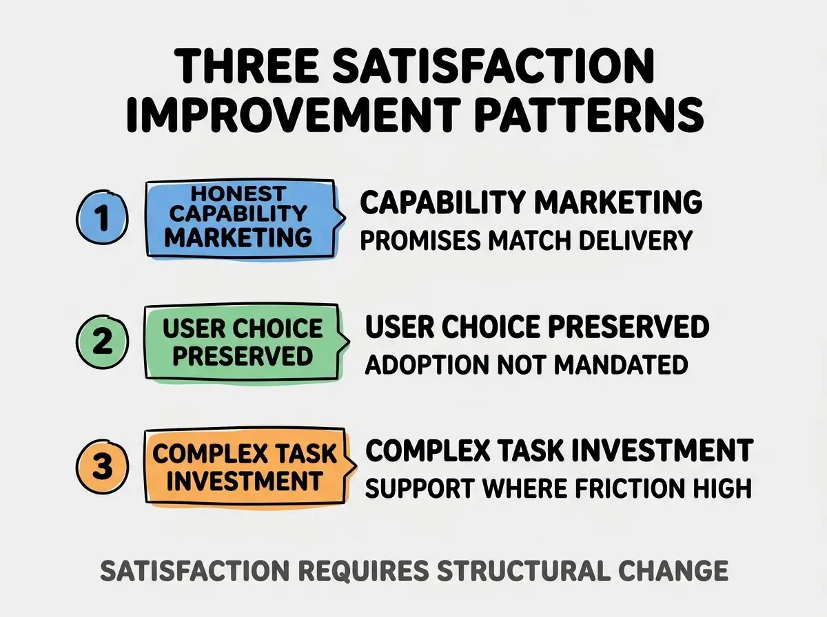 Clean modern flat infographic on light gray background. Top title bold black: THREE SATISFACTION IMPROVEMENT PATTERNS. Single vertical numbered list with three rows. Row 1 blue badge HONEST CAPABILITY MARKETING with subtitle PROMISES MATCH DELIVERY. Row 2 green badge USER CHOICE PRESERVED with subtitle ADOPTION NOT MANDATED. Row 3 orange badge COMPLEX TASK INVESTMENT with subtitle SUPPORT WHERE FRICTION HIGH. Footer text dark gray: SATISFACTION REQUIRES STRUCTURAL CHANGE. Each label appears exactly once. No duplicated text.