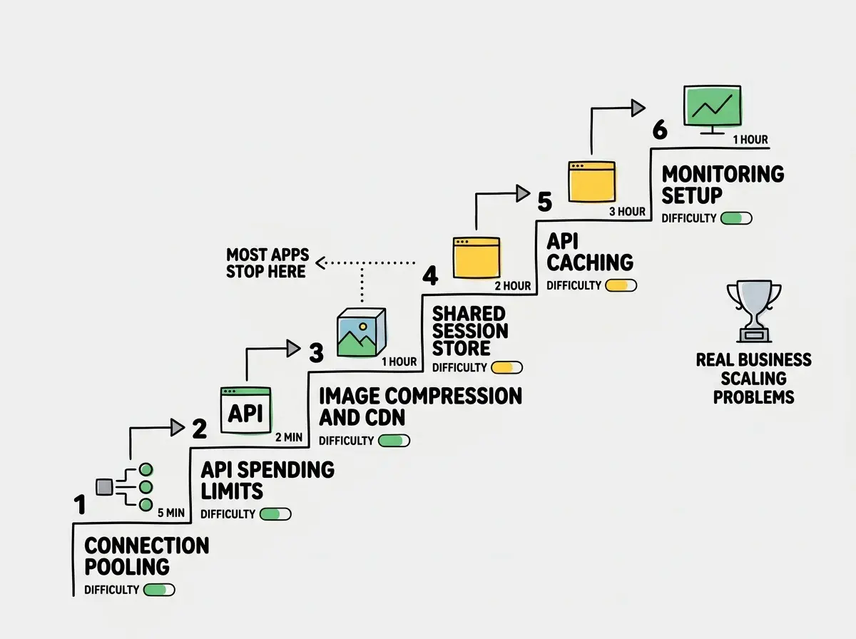 EXPLAINER DIAGRAM: A staircase diagram showing six ascending steps from left to right, each labeled with a scaling fix. Step 1 at the bottom is CONNECTION POOLING with a 5 MIN label and a green difficulty indicator. Step 2 is API SPENDING LIMITS with a 2 MIN label and green indicator. Step 3 is IMAGE COMPRESSION AND CDN with a 1 HOUR label and green indicator. Step 4 is SHARED SESSION STORE with a 2 HOUR label and yellow indicator. Step 5 is API CACHING with a 3 HOUR label and yellow indicator. Step 6 is MONITORING SETUP with a 1 HOUR label and green indicator. A dotted line between steps 3 and 4 is labeled MOST APPS STOP HERE with an arrow pointing left. The right side shows a trophy icon labeled REAL BUSINESS SCALING PROBLEMS.