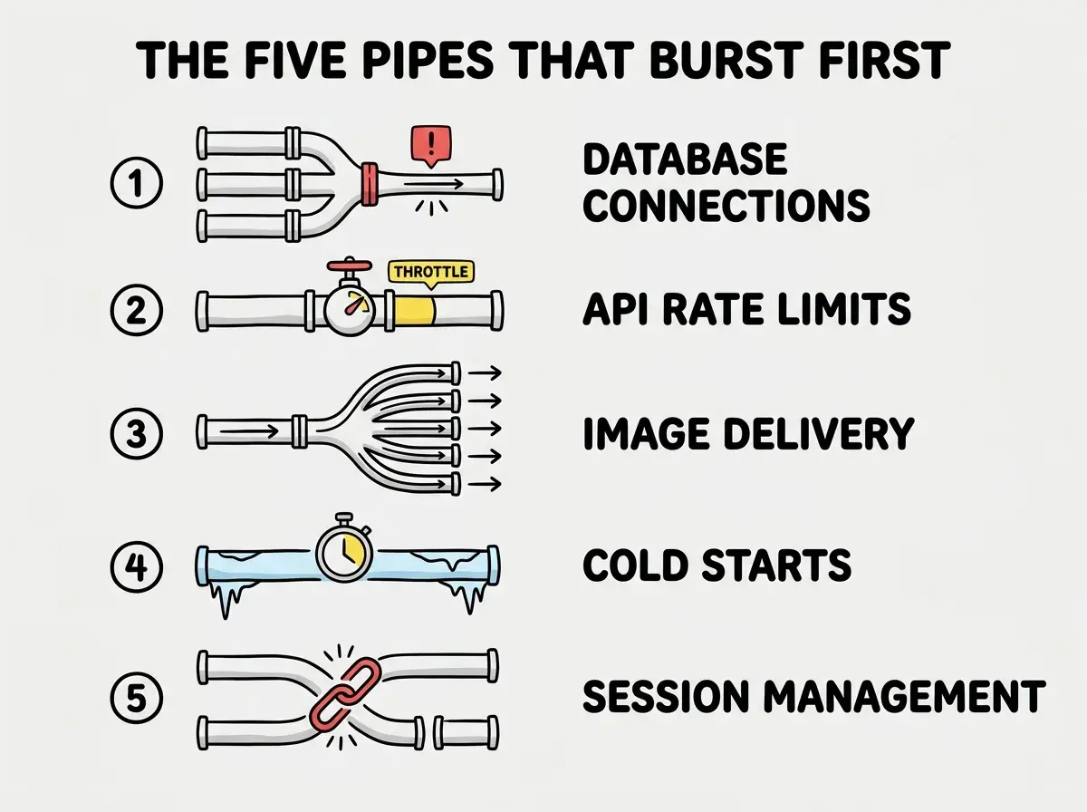 EXPLAINER DIAGRAM: A vertical list showing five numbered weak points in an app architecture. Each row shows a pipe system metaphor on the left and the actual technical component on the right. Row 1 shows pipes merging into a single narrow pipe labeled DATABASE CONNECTIONS with a red warning indicator. Row 2 shows a pipe with a valve labeled API RATE LIMITS with a yellow throttle indicator. Row 3 shows a pipe splitting into many branches labeled IMAGE DELIVERY with slow flow arrows. Row 4 shows a frozen pipe thawing labeled COLD STARTS with a timer icon. Row 5 shows pipes crossing and disconnecting labeled SESSION MANAGEMENT with a broken link icon. A header reads THE FIVE PIPES THAT BURST FIRST.