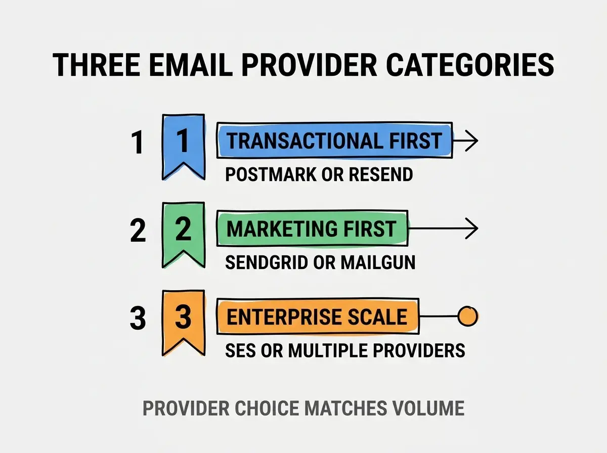 Clean modern flat infographic on light gray background. Top title bold black: THREE EMAIL PROVIDER CATEGORIES. Single vertical numbered list with three rows. Row 1 blue badge TRANSACTIONAL FIRST with subtitle POSTMARK OR RESEND. Row 2 green badge MARKETING FIRST with subtitle SENDGRID OR MAILGUN. Row 3 orange badge ENTERPRISE SCALE with subtitle SES OR MULTIPLE PROVIDERS. Footer text dark gray: PROVIDER CHOICE MATCHES VOLUME. Each label appears exactly once. No duplicated text.