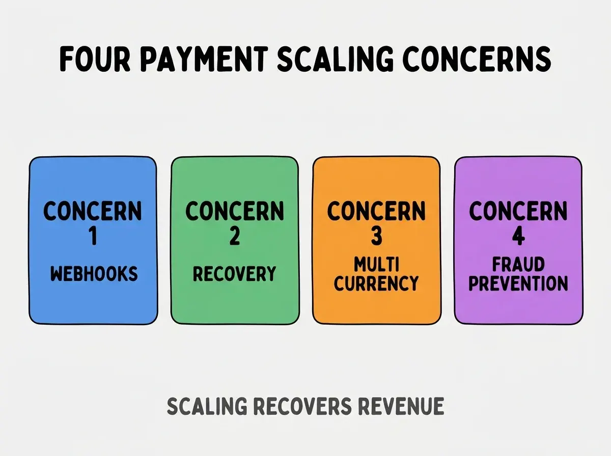 Clean modern flat infographic on light gray background. Top center bold black title text: FOUR PAYMENT SCALING CONCERNS. Below title, four equal sized colored rounded rectangle cards arranged horizontally. Card 1 blue: large bold text CONCERN 1 then smaller text WEBHOOKS. Card 2 green: large bold text CONCERN 2 then smaller text RECOVERY. Card 3 orange: large bold text CONCERN 3 then smaller text MULTI CURRENCY. Card 4 purple: large bold text CONCERN 4 then smaller text FRAUD PREVENTION. Single footer line below cards in dark gray text: SCALING RECOVERS REVENUE. Nothing else on canvas. No text outside cards or below cards.