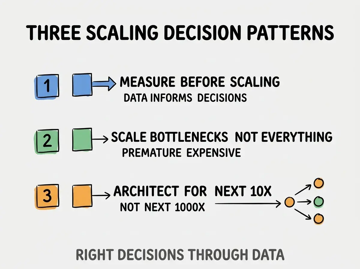 Clean modern flat infographic on light gray background. Top title bold black: THREE SCALING DECISION PATTERNS. Single vertical numbered list with three rows. Row 1 blue badge MEASURE BEFORE SCALING with subtitle DATA INFORMS DECISIONS. Row 2 green badge SCALE BOTTLENECKS NOT EVERYTHING with subtitle PREMATURE EXPENSIVE. Row 3 orange badge ARCHITECT FOR NEXT 10X with subtitle NOT NEXT 1000X. Footer text dark gray: RIGHT DECISIONS THROUGH DATA. Each label appears exactly once. No duplicated text.