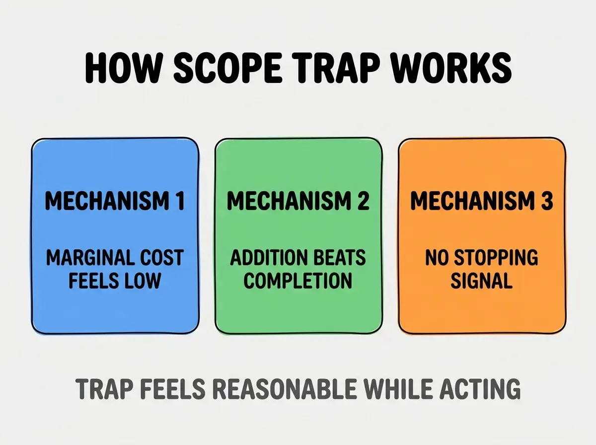 Clean modern flat infographic on light gray background. Top center bold black title text: HOW SCOPE TRAP WORKS. Below title, three colored rounded rectangle cards arranged horizontally. Card 1 blue: large bold text MECHANISM 1 then smaller text MARGINAL COST FEELS LOW. Card 2 green: large bold text MECHANISM 2 then smaller text ADDITION BEATS COMPLETION. Card 3 orange: large bold text MECHANISM 3 then smaller text NO STOPPING SIGNAL. Single footer line below cards in dark gray text: TRAP FEELS REASONABLE WHILE ACTING. Nothing else on canvas. No text outside cards or below cards.