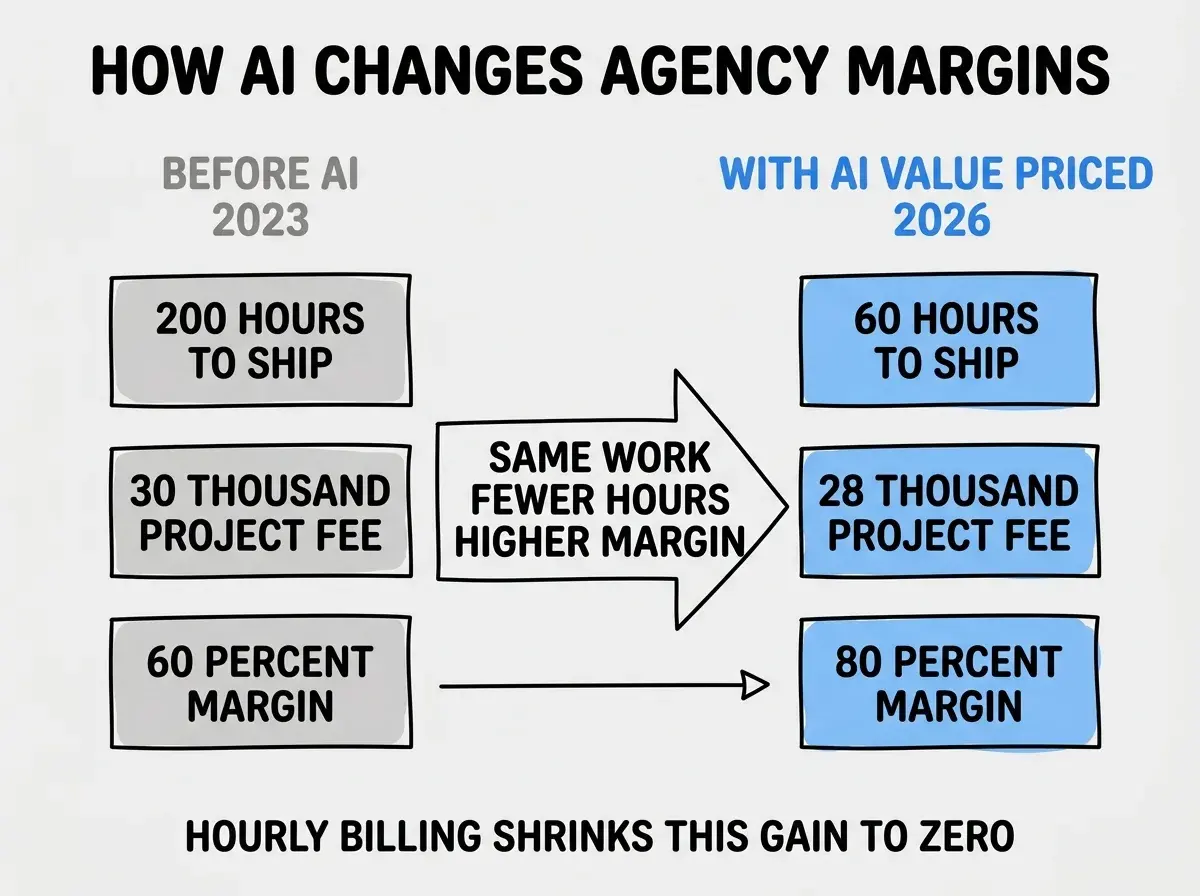 EXPLAINER DIAGRAM titled HOW AI CHANGES AGENCY MARGINS shown as a horizontal before-and-after comparison on a slate background. Left side labeled BEFORE AI 2023 colored gray, with three rows: 200 HOURS TO SHIP, 30 THOUSAND PROJECT FEE, 60 PERCENT MARGIN. Right side labeled WITH AI VALUE PRICED 2026 colored blue, with three rows: 60 HOURS TO SHIP, 28 THOUSAND PROJECT FEE, 80 PERCENT MARGIN. Center divider has bold text reading SAME WORK FEWER HOURS HIGHER MARGIN. Footer reads HOURLY BILLING SHRINKS THIS GAIN TO ZERO.