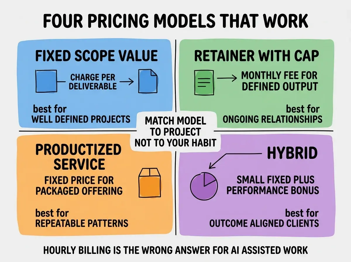 EXPLAINER DIAGRAM titled FOUR PRICING MODELS THAT WORK shown as a 2x2 grid of quadrants on a slate background. Top left blue quadrant FIXED SCOPE VALUE sublabel CHARGE PER DELIVERABLE, best for WELL DEFINED PROJECTS. Top right green RETAINER WITH CAP sublabel MONTHLY FEE FOR DEFINED OUTPUT, best for ONGOING RELATIONSHIPS. Bottom left orange PRODUCTIZED SERVICE sublabel FIXED PRICE FOR PACKAGED OFFERING, best for REPEATABLE PATTERNS. Bottom right purple HYBRID sublabel SMALL FIXED PLUS PERFORMANCE BONUS, best for OUTCOME ALIGNED CLIENTS. Center label reads MATCH MODEL TO PROJECT NOT TO YOUR HABIT. Footer reads HOURLY BILLING IS THE WRONG ANSWER FOR AI ASSISTED WORK.