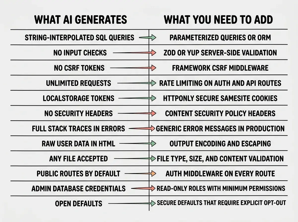 EXPLAINER DIAGRAM: A two-column comparison table with twelve rows. Left column header reads WHAT AI GENERATES, right column header reads WHAT YOU NEED TO ADD. Row 1: String-interpolated SQL queries vs Parameterized queries or ORM. Row 2: No input checks vs Zod or Yup server-side validation. Row 3: No CSRF tokens vs Framework CSRF middleware. Row 4: Unlimited requests vs Rate limiting on auth and API routes. Row 5: localStorage tokens vs HttpOnly Secure SameSite cookies. Row 6: No security headers vs Content Security Policy headers. Row 7: Full stack traces in errors vs Generic error messages in production. Row 8: Raw user data in HTML vs Output encoding and escaping. Row 9: Any file accepted vs File type, size, and content validation. Row 10: Public routes by default vs Auth middleware on every route. Row 11: Admin database credentials vs Read-only roles with minimum permissions. Row 12: Open defaults vs Secure defaults that require explicit opt-out.
