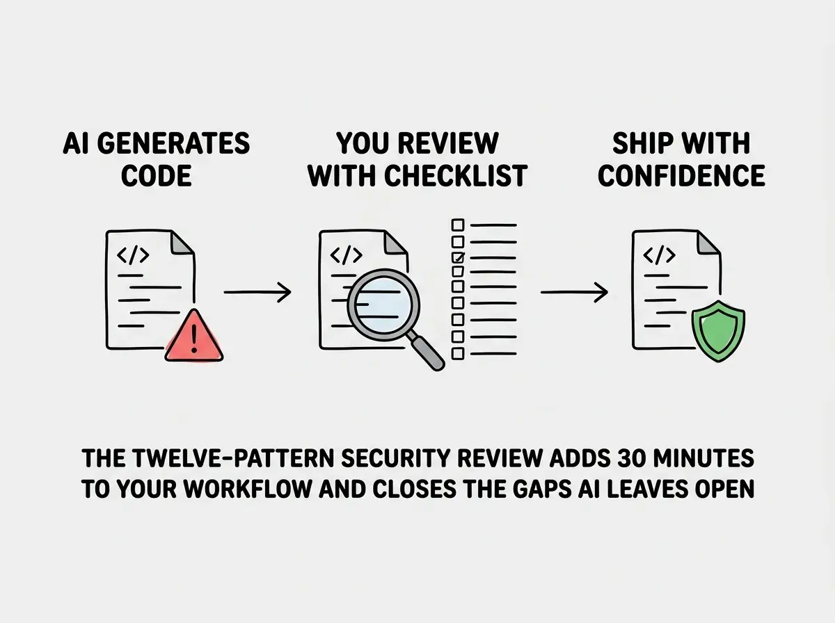 EXPLAINER DIAGRAM: A horizontal flow chart with three stages. Stage 1 labeled AI GENERATES CODE shows a code file icon with a red warning triangle. Stage 2 labeled YOU REVIEW WITH CHECKLIST shows the same code file with a magnifying glass over it and a checklist of twelve items beside it, each with a checkbox. Stage 3 labeled SHIP WITH CONFIDENCE shows the code file with a green shield icon. Arrows connect the stages left to right. Below the flow, text reads THE TWELVE-PATTERN SECURITY REVIEW ADDS 30 MINUTES TO YOUR WORKFLOW AND CLOSES THE GAPS AI LEAVES OPEN.