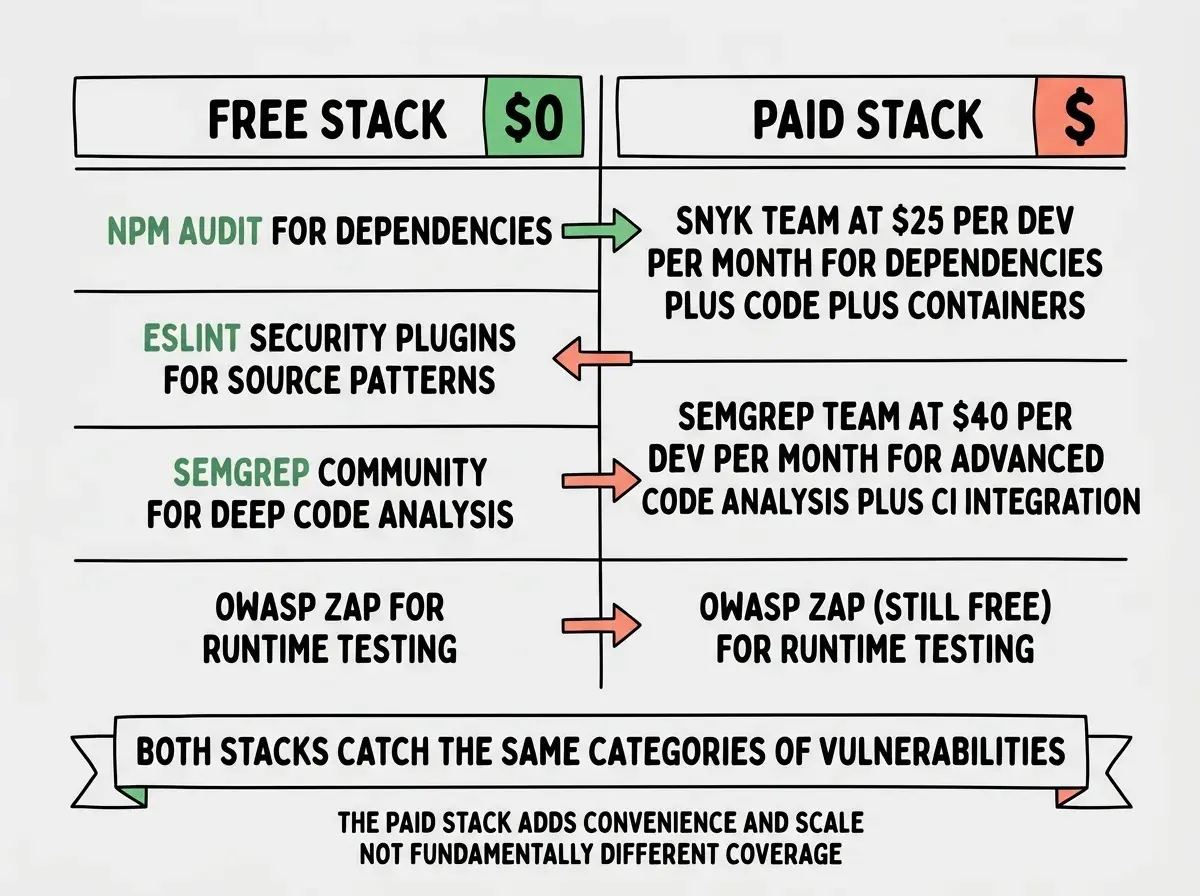 EXPLAINER DIAGRAM: A two-column comparison table on white background. Left column header reads FREE STACK with a $0 label in green. Right column header reads PAID STACK with a dollar sign label in coral. Under FREE STACK, four rows list: npm audit for dependencies, ESLint security plugins for source patterns, Semgrep Community for deep code analysis, and OWASP ZAP for runtime testing. Under PAID STACK, three rows list: Snyk Team at $25 per dev per month for dependencies plus code plus containers, Semgrep Team at $40 per dev per month for advanced code analysis plus CI integration, and OWASP ZAP (still free) for runtime testing. Below both columns, a banner reads BOTH STACKS CATCH THE SAME CATEGORIES OF VULNERABILITIES. A small note beneath reads THE PAID STACK ADDS CONVENIENCE AND SCALE NOT FUNDAMENTALLY DIFFERENT COVERAGE.