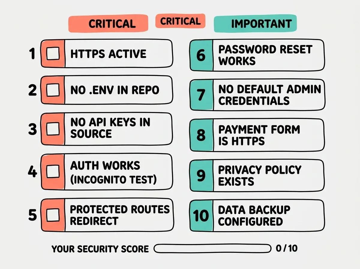 EXPLAINER DIAGRAM: A vertical numbered checklist with ten items, each in a rounded rectangle with a checkbox on the left side. Items 1 through 5 are grouped under a header labeled CRITICAL in coral: 1 HTTPS Active, 2 No .env in Repo, 3 No API Keys in Source, 4 Auth Works (incognito test), 5 Protected Routes Redirect. Items 6 through 10 are grouped under a header labeled IMPORTANT in teal: 6 Password Reset Works, 7 No Default Admin Credentials, 8 Payment Form is HTTPS, 9 Privacy Policy Exists, 10 Data Backup Configured. At the bottom, a progress bar labeled YOUR SECURITY SCORE shows 0 out of 10 checks completed.