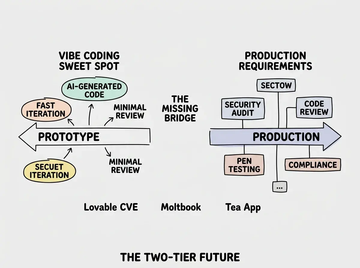 EXPLAINER DIAGRAM: A horizontal spectrum bar running left to right. Left end labeled CURRENT STATE in coral, right end labeled EMERGING DIRECTION in teal. Along the spectrum, four markers are placed from left to right. First marker reads NO SECURITY REQUIREMENTS FOR AI TOOLS. Second marker reads VOLUNTARY VENDOR GUARDRAILS. Third marker reads EXISTING DATA PROTECTION LAWS APPLY (GDPR, FTC). Fourth marker reads POTENTIAL AI-SPECIFIC SECURITY MANDATES. Below the spectrum, two labels: under the left half, text reads SELF-REGULATION, under the right half, text reads GOVERNMENT REGULATION. An arrow beneath points right with text THE DIRECTION OF TRAVEL.