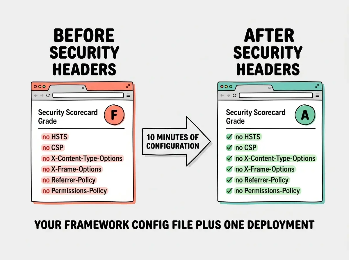 EXPLAINER DIAGRAM: A two-column comparison layout. Left column labeled BEFORE SECURITY HEADERS in coral shows a browser window mock with a security score card displaying grade F, with six items listed in red: no HSTS, no CSP, no X-Content-Type-Options, no X-Frame-Options, no Referrer-Policy, no Permissions-Policy. Right column labeled AFTER SECURITY HEADERS in teal shows the same browser window mock with grade A, all six items listed in green with checkmarks. Between the columns, a large arrow labeled 10 MINUTES OF CONFIGURATION points from left to right. Below both columns, centered text reads YOUR FRAMEWORK CONFIG FILE PLUS ONE DEPLOYMENT.
