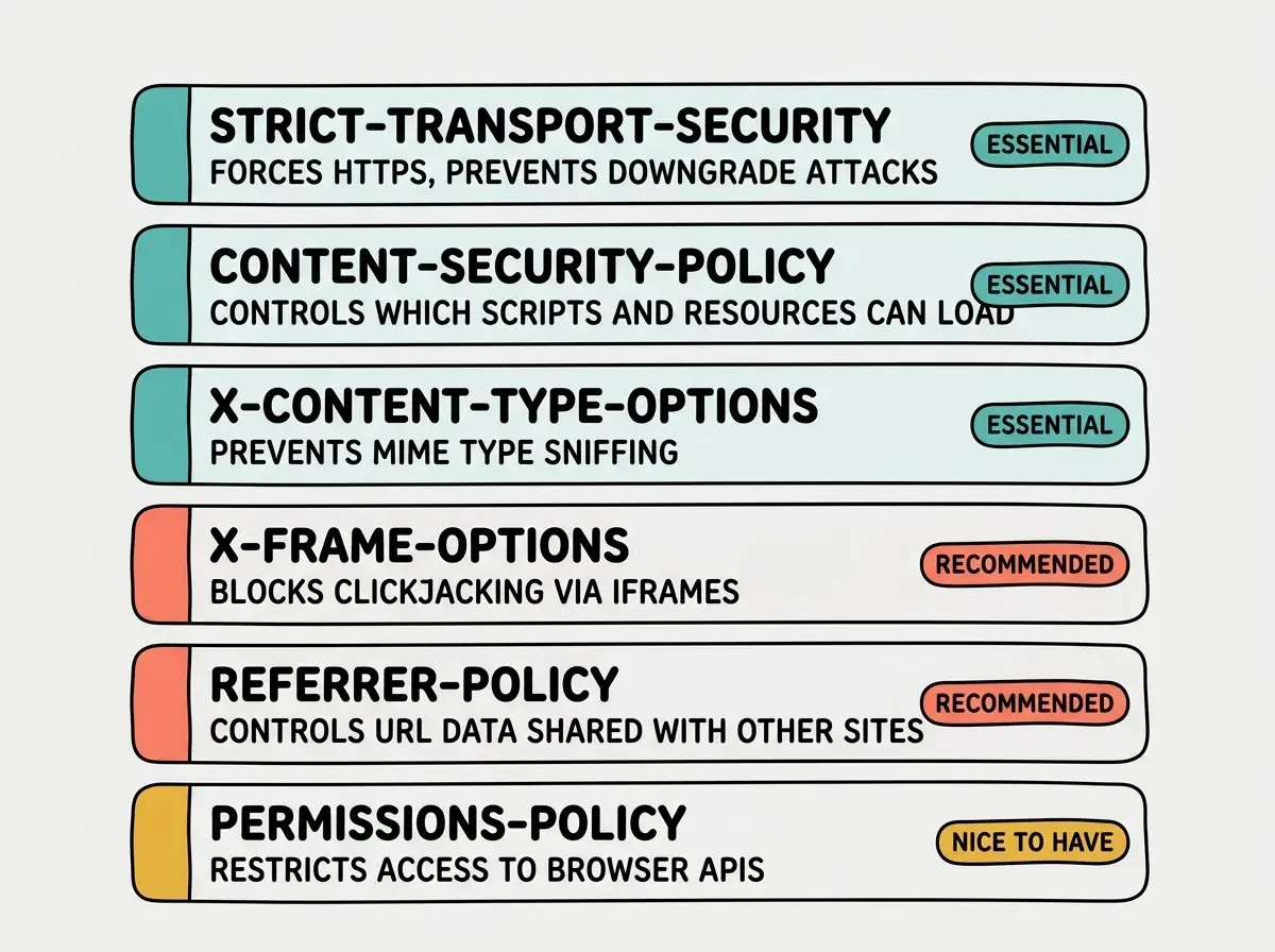 EXPLAINER DIAGRAM: A vertical list of six rounded boxes arranged in a stack, each with a colored left border. From top to bottom: Box 1 in teal labeled STRICT-TRANSPORT-SECURITY with subtitle FORCES HTTPS, PREVENTS DOWNGRADE ATTACKS and a badge reading ESSENTIAL. Box 2 in teal labeled CONTENT-SECURITY-POLICY with subtitle CONTROLS WHICH SCRIPTS AND RESOURCES CAN LOAD and a badge reading ESSENTIAL. Box 3 in teal labeled X-CONTENT-TYPE-OPTIONS with subtitle PREVENTS MIME TYPE SNIFFING and a badge reading ESSENTIAL. Box 4 in coral labeled X-FRAME-OPTIONS with subtitle BLOCKS CLICKJACKING VIA IFRAMES and a badge reading RECOMMENDED. Box 5 in coral labeled REFERRER-POLICY with subtitle CONTROLS URL DATA SHARED WITH OTHER SITES and a badge reading RECOMMENDED. Box 6 in golden yellow labeled PERMISSIONS-POLICY with subtitle RESTRICTS ACCESS TO BROWSER APIS and a badge reading NICE TO HAVE.