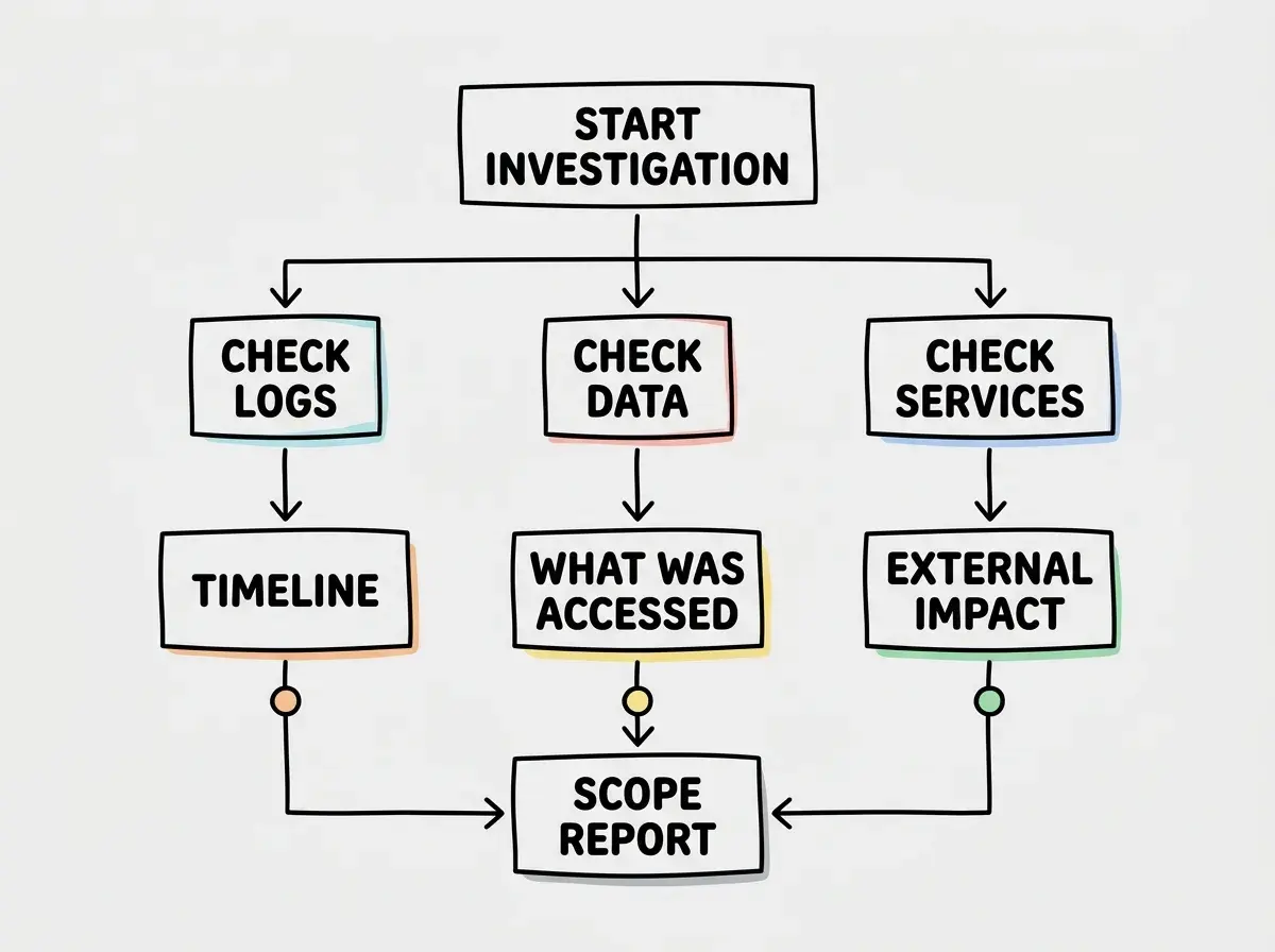 EXPLAINER DIAGRAM: A flowchart starting with one box at top that branches into three parallel paths: CHECK LOGS leading to TIMELINE, CHECK DATA leading to WHAT WAS ACCESSED, and CHECK SERVICES leading to EXTERNAL IMPACT. All three paths converge into a SCOPE REPORT box at bottom.