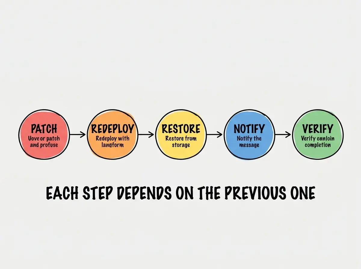 EXPLAINER DIAGRAM: Five circles connected left to right on a horizontal arrow. Circle 1 PATCH in red. Circle 2 REDEPLOY in orange. Circle 3 RESTORE in yellow. Circle 4 NOTIFY in blue. Circle 5 VERIFY in green. Below reads EACH STEP DEPENDS ON THE PREVIOUS ONE.