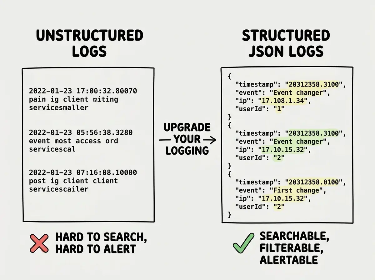 EXPLAINER DIAGRAM: A comparison showing two approaches to security logging side by side. Left side labeled UNSTRUCTURED LOGS shows three plain text log lines in a monospace font, with a red X and text HARD TO SEARCH, HARD TO ALERT. Right side labeled STRUCTURED JSON LOGS shows the same three events as formatted JSON objects with consistent fields like timestamp, event, ip, and userId, with a green checkmark and text SEARCHABLE, FILTERABLE, ALERTABLE. An arrow points from left to right with text UPGRADE YOUR LOGGING.