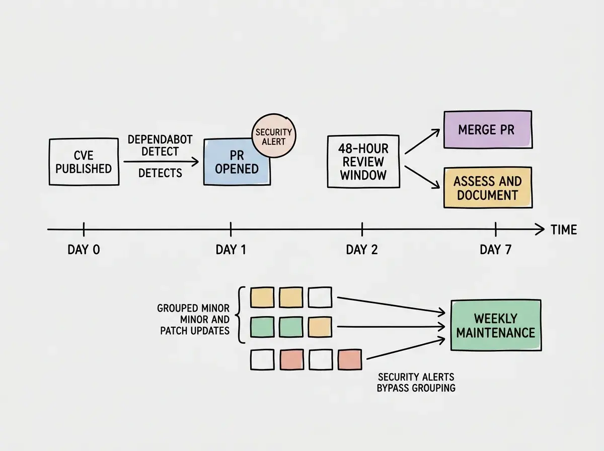 EXPLAINER DIAGRAM: A timeline showing the Dependabot security workflow. The horizontal axis is labeled TIME with markers at DAY 0, DAY 1, DAY 2, and DAY 7. At DAY 0, a box labeled CVE PUBLISHED shows a vulnerability being added to the security database. An arrow labeled DEPENDABOT DETECTS (typically within hours) leads to a box at DAY 1 labeled PR OPENED showing a GitHub pull request with a badge reading SECURITY ALERT and a link to the CVE. A dashed box at DAY 2 is labeled YOUR 48-HOUR REVIEW WINDOW with two branches: MERGE PR if patch is safe, and ASSESS AND DOCUMENT if patch introduces breaking changes. A separate timeline below shows grouped minor and patch updates accumulating and a single PR labeled GROUPED UPDATES opened at DAY 7 labeled WEEKLY MAINTENANCE. A note reads SECURITY ALERTS BYPASS GROUPING AND ALWAYS APPEAR INDIVIDUALLY.
