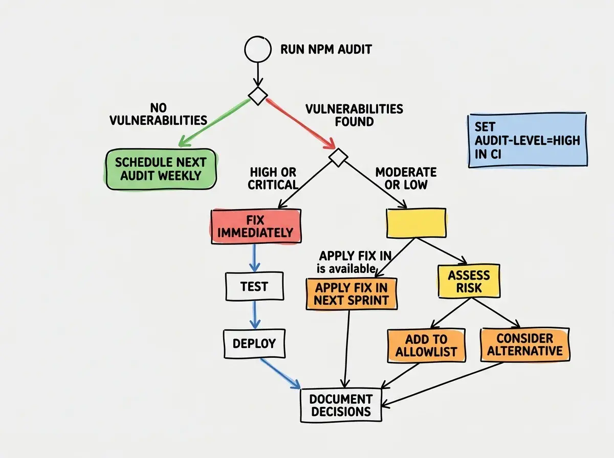 EXPLAINER DIAGRAM: A flowchart showing the npm audit workflow. Starting node labeled RUN NPM AUDIT. First branch: NO VULNERABILITIES FOUND leads to a green node SCHEDULE NEXT AUDIT (weekly). Second branch: VULNERABILITIES FOUND splits into two paths. Left path labeled HIGH OR CRITICAL leads to FIX IMMEDIATELY, then TEST, then DEPLOY. Right path labeled MODERATE OR LOW splits again: if FIX AVAILABLE leads to APPLY FIX IN NEXT SPRINT, if NO FIX AVAILABLE leads to ASSESS RISK and either ADD TO ALLOWLIST WITH REASON or CONSIDER ALTERNATIVE PACKAGE. All paths converge at DOCUMENT DECISIONS. A sidebar note reads SET AUDIT-LEVEL=HIGH IN CI TO BLOCK DEPLOYS ON CRITICAL ISSUES.