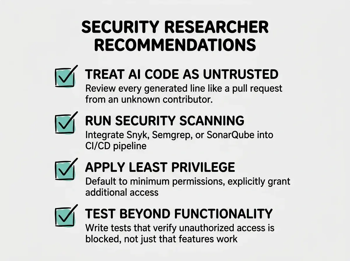 EXPLAINER DIAGRAM: A vertical checklist with four items, each with a checkbox icon in teal. First item reads TREAT AI CODE AS UNTRUSTED with subtext Review every generated line like a pull request from an unknown contributor. Second item reads RUN SECURITY SCANNING with subtext Integrate Snyk, Semgrep, or SonarQube into CI/CD pipeline. Third item reads APPLY LEAST PRIVILEGE with subtext Default to minimum permissions, explicitly grant additional access. Fourth item reads TEST BEYOND FUNCTIONALITY with subtext Write tests that verify unauthorized access is blocked, not just that features work. A header above the checklist reads SECURITY RESEARCHER RECOMMENDATIONS.