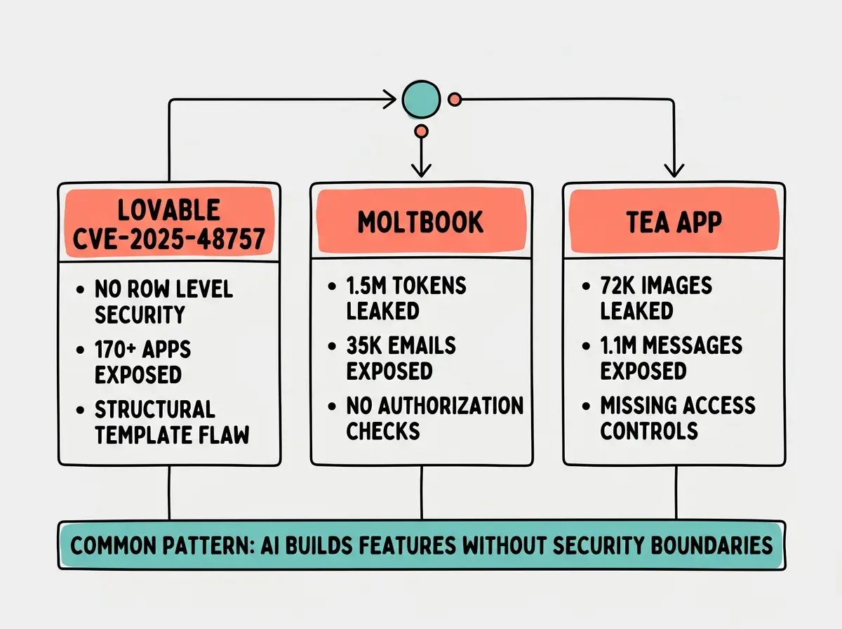 EXPLAINER DIAGRAM: Three incident cards arranged horizontally. First card labeled LOVABLE CVE-2025-48757 in coral, with bullet points reading NO ROW LEVEL SECURITY, 170+ APPS EXPOSED, and STRUCTURAL TEMPLATE FLAW. Second card labeled MOLTBOOK in coral, with bullet points reading 1.5M TOKENS LEAKED, 35K EMAILS EXPOSED, and NO AUTHORIZATION CHECKS. Third card labeled TEA APP in coral, with bullet points reading 72K IMAGES LEAKED, 1.1M MESSAGES EXPOSED, and MISSING ACCESS CONTROLS. Below all three cards, a shared bar in teal reads COMMON PATTERN: AI BUILDS FEATURES WITHOUT SECURITY BOUNDARIES.